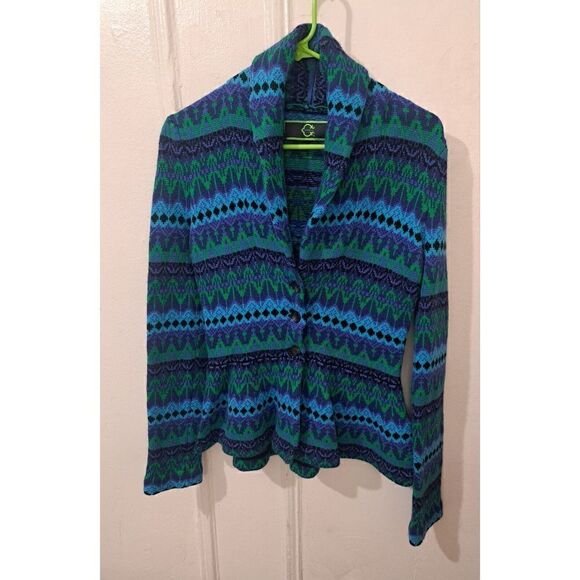 C Wonder Womens Small Wool Angora Cashmere Shawl Collar Sweater Green Blue - Picture 1 of 8